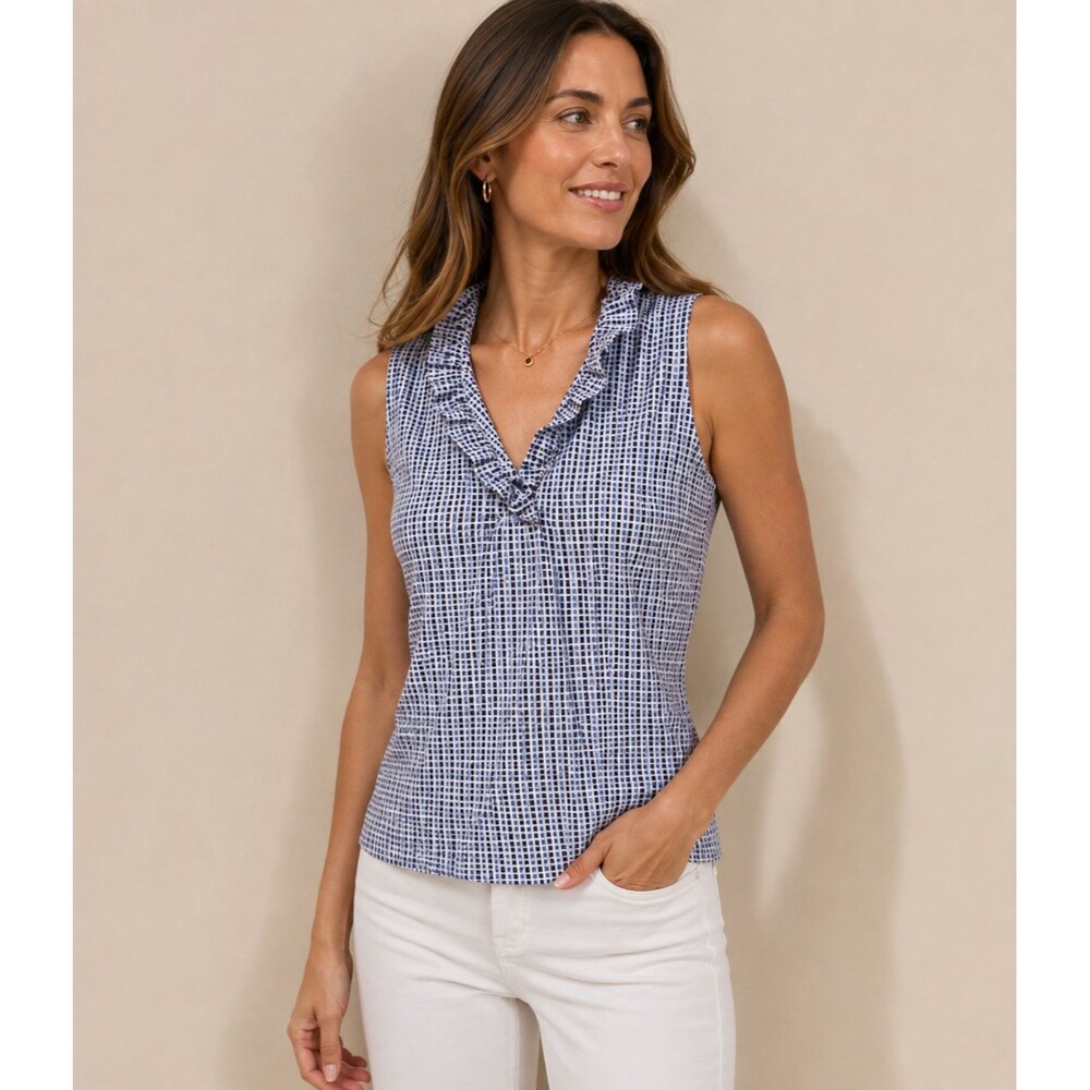 J. McLaughlin Shirt Sleeveless Durham Ruffle Neck Blue Catalina Cloth Top XL